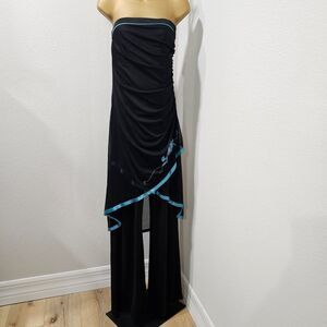 Embroidered Black Teal Trim Jumpsuit Womens Med Sheer Layered Sequins Strapless